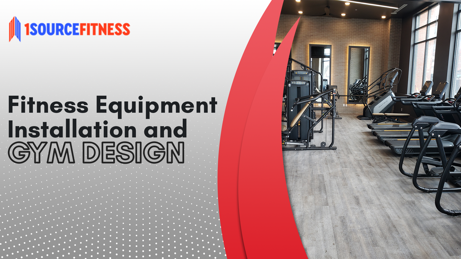A gym with various equipment. The text reads "Fitness Equipment Installation and Gym Design"